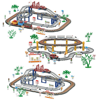 HW Train Car Sets for Toddlers Electric Toy Train Track Set with LED Bridge Electric Car and Train Sets Toys for Boys Girls Kids