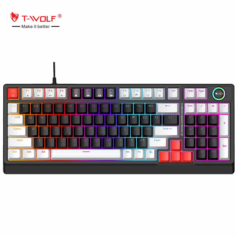 T-WOLF T50 Wired Mechanical Keyboard 85% Keyboard 97 Keys Hot Swappable Blue Switch Gaming USB Wired RGB Light Led Keyboard Game