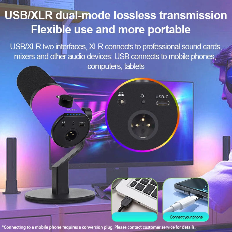 New Professional USB-C & USB-A Dynamic Cardioid Metal Gaming Microphone with RGB Lighting for Streaming Podcasting Recording