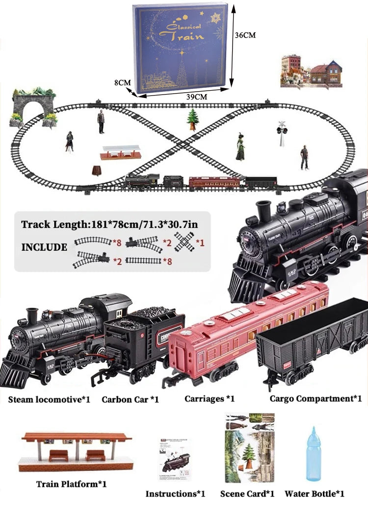 Classical Railway Train Slot Toys ABS Water Steam Locomotive Add Water to Smoke Electric Train Set with Light & Sound
