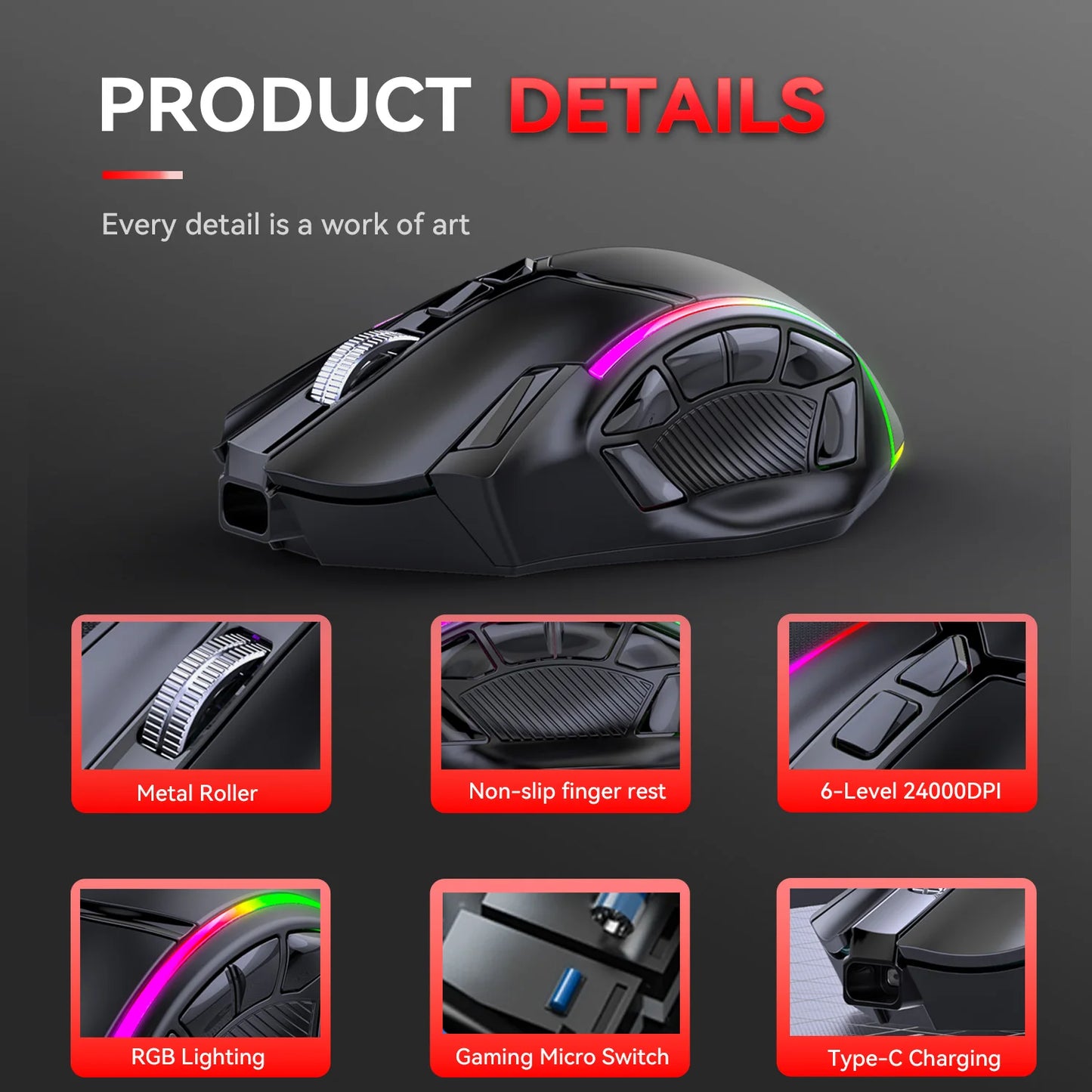 MKESPN W605 Wireless Three Mode Macro Defines Gaming Mouse Full Speed 12 Keys 24000DPI Gaming Mouse Programmable