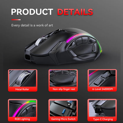 MKESPN W605 Wireless Three Mode Macro Defines Gaming Mouse Full Speed 12 Keys 24000DPI Gaming Mouse Programmable