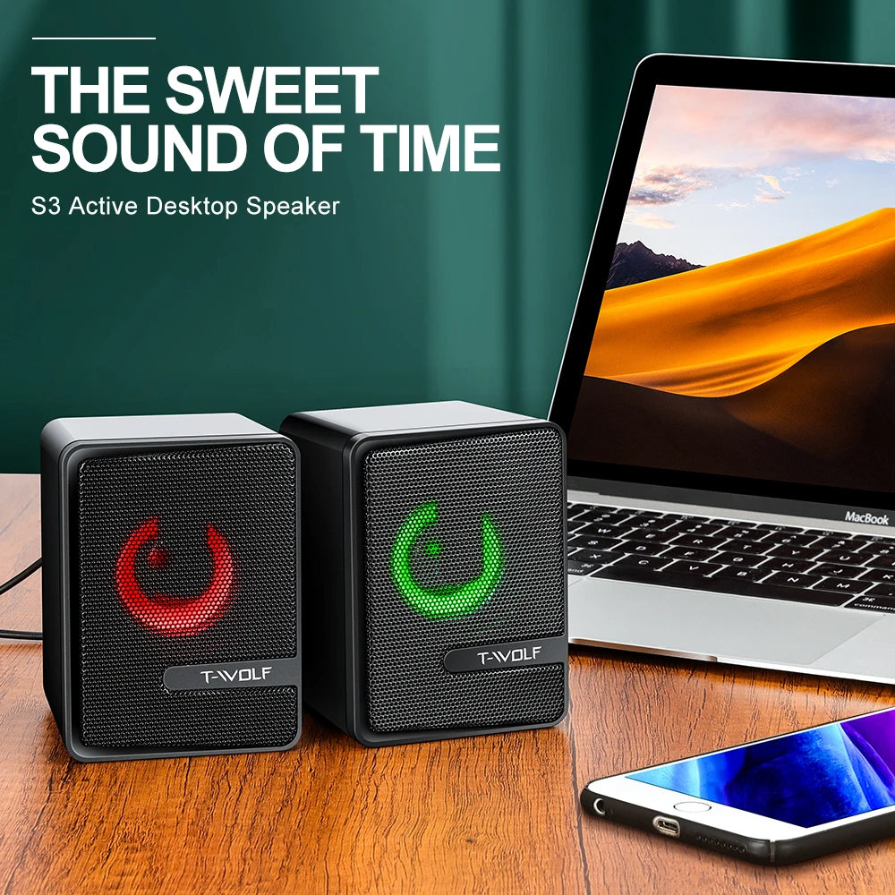 T-WOLF S3 Computer Desktop Speaker Stereo Sound LED Colorful Light Subwoofer Wired Home Theater System Multimedia Gaming Speaker