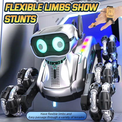 KOUYIKOU RC TOY Eight-Wheel Stunt Robot Dog Remote Control and Remote Control Watch Intelligent Educational Robot Dog for Kids