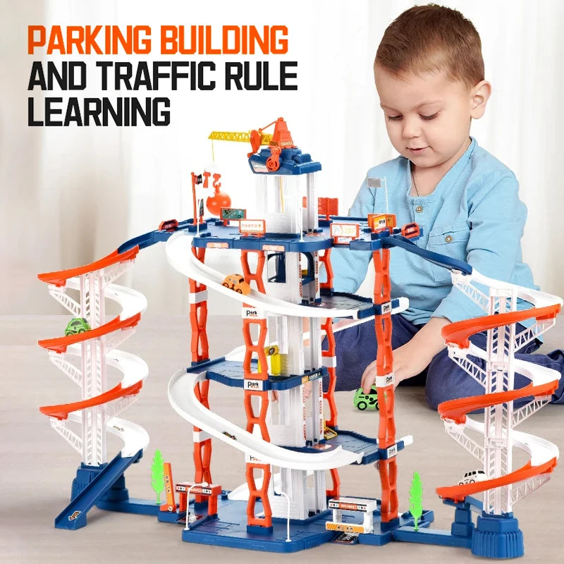 Children's Track Toy Simulated Parking Lot with Double Slide Toy Set Boys' Educational Holiday Birthday Gift Toy Set