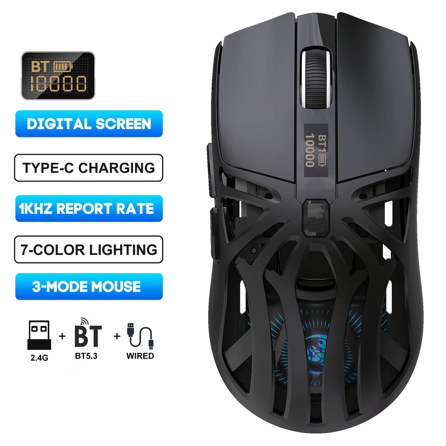 Hot 3 Mode Tri-mode Gaming Mouse Wireless Silent RGB Honeycomb Gaming Mouse Ergonomic 2.4G/BT/Wired E-sports Mice for PC
