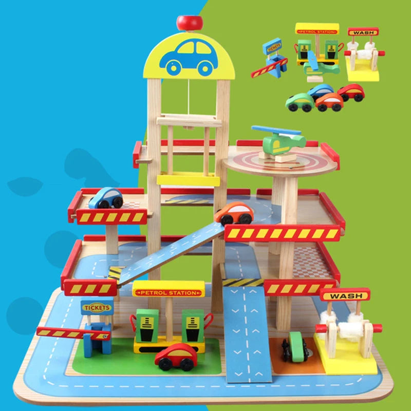 Kids Boys Wooden Cars Parking Lot Play Set Garage Educational Slot Toys