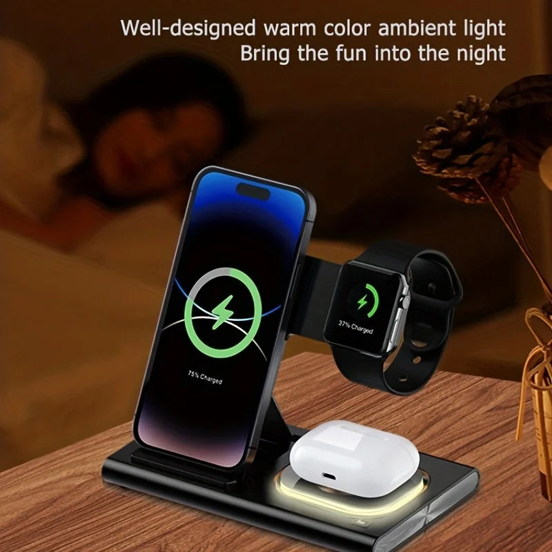 15W 3 in 1 Foldable Wireless Charger Charging Station for iPhone 15 14 13 12 11 Xr XS Max Pro Max Plus IWatch Air Pods