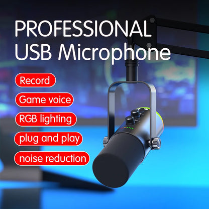 USB Plug RGB Wired Microphone Black & White Plastic Recording Studio Singing PC Gaming Streaming & Podcasting