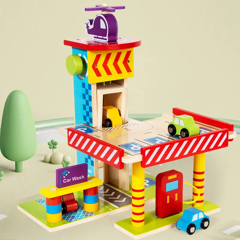 Kids Boys Wooden Cars Parking Lot Play Set Garage Educational Slot Toys