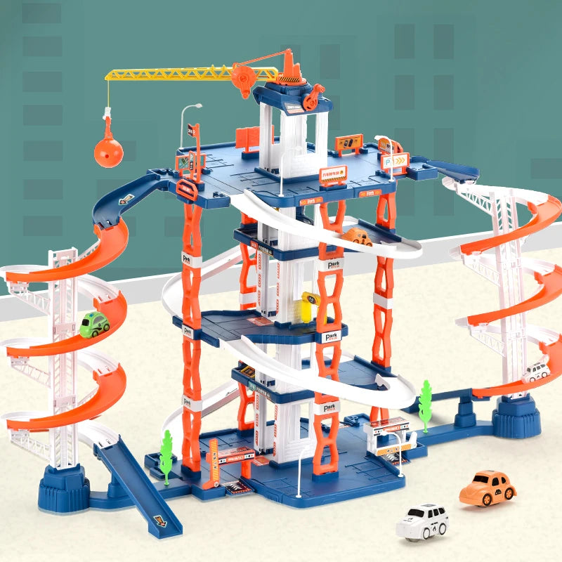 Children's Track Toy Simulated Parking Lot with Double Slide Toy Set Boys' Educational Holiday Birthday Gift Toy Set
