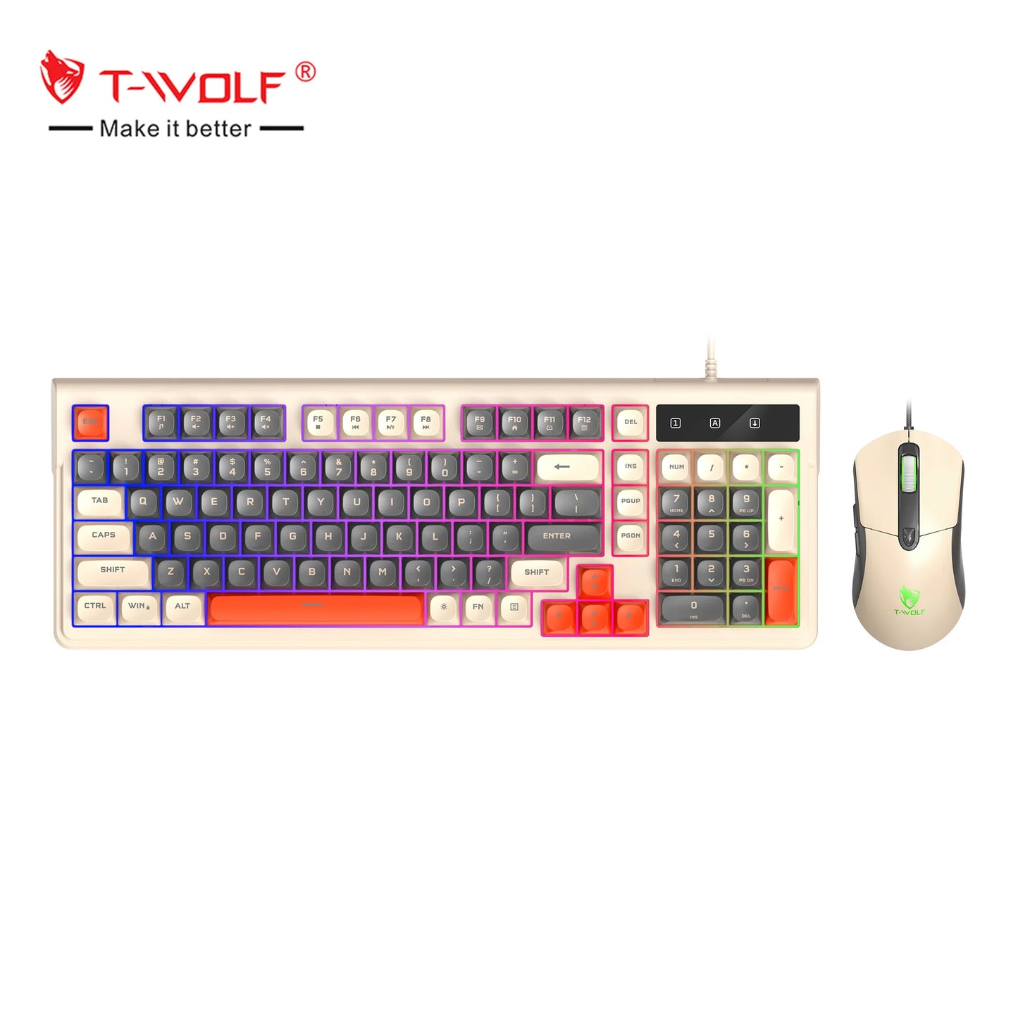 T-WOLF TF330 Wired Keyboard and Mouse Combos Gaming 98 Keys LED Backlit Keyboard 7200DPI 6D Mouse Office Gaming Set for Desktop