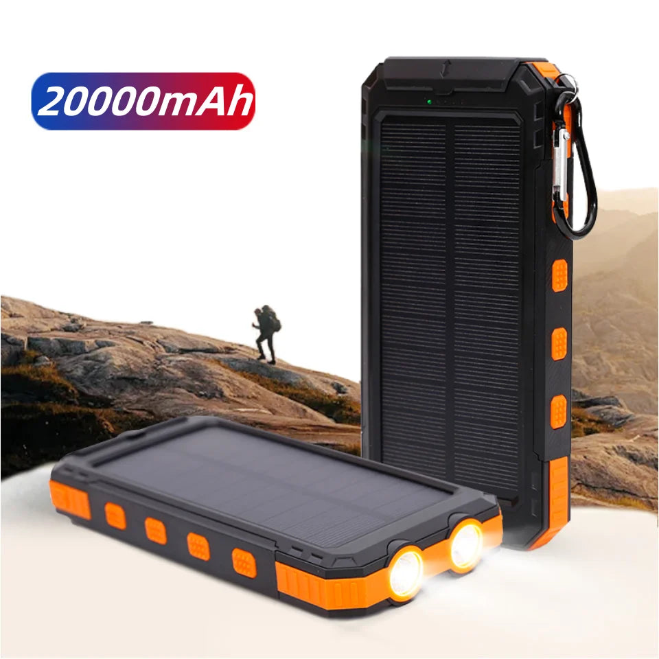 Portable 20000mAh Waterproof Anti-Fall Super Fast Charging DOUBLE USB & Outdoor Flashlight TYPE-C Output Solar Mobile Power