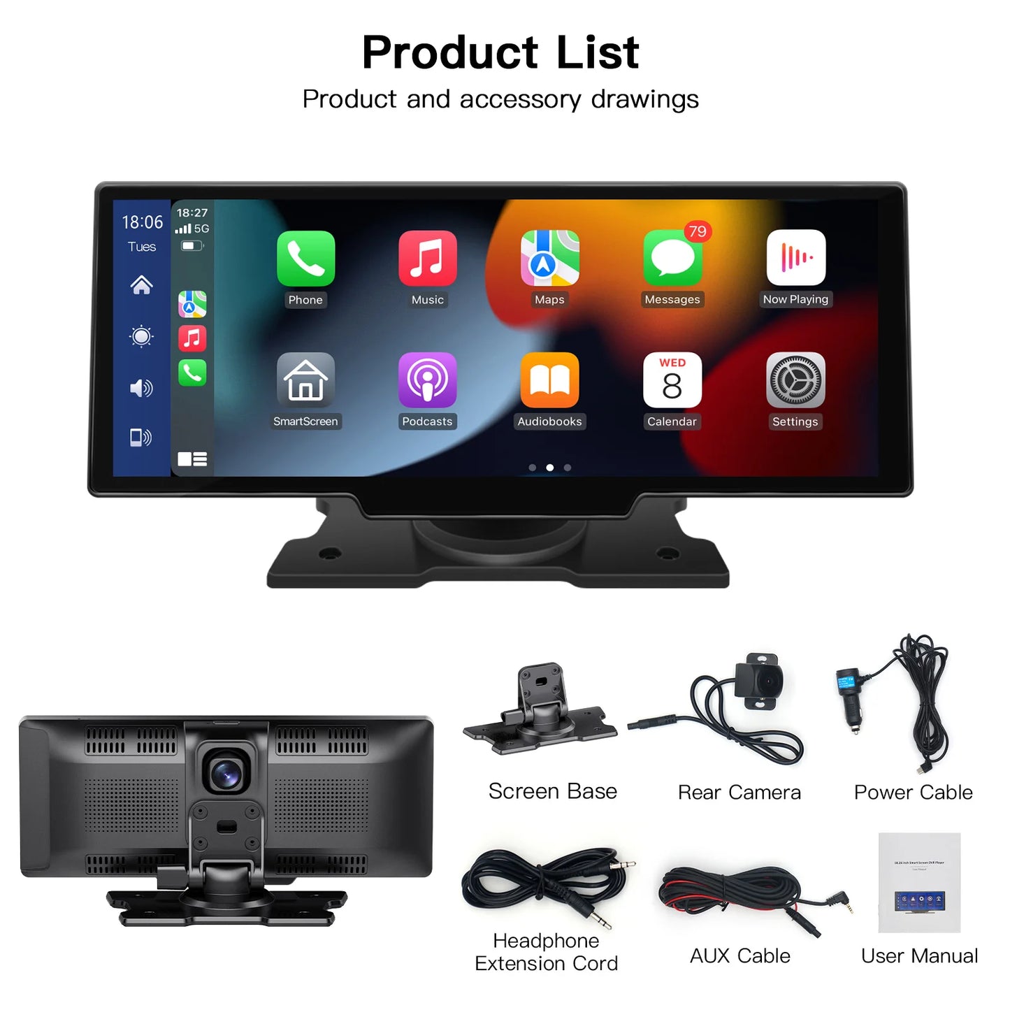 CARABC 10.25 Inch Carplay Screen Portable Waterproof Android Auto Display Screen for Car Universal Dashcam With Dash Cam