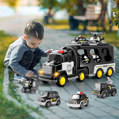 5-in-1 Engineering Vehicle, Lighting and Music Transport Vehicle, Inertia Fire Truck, Container Car, Children's Toy