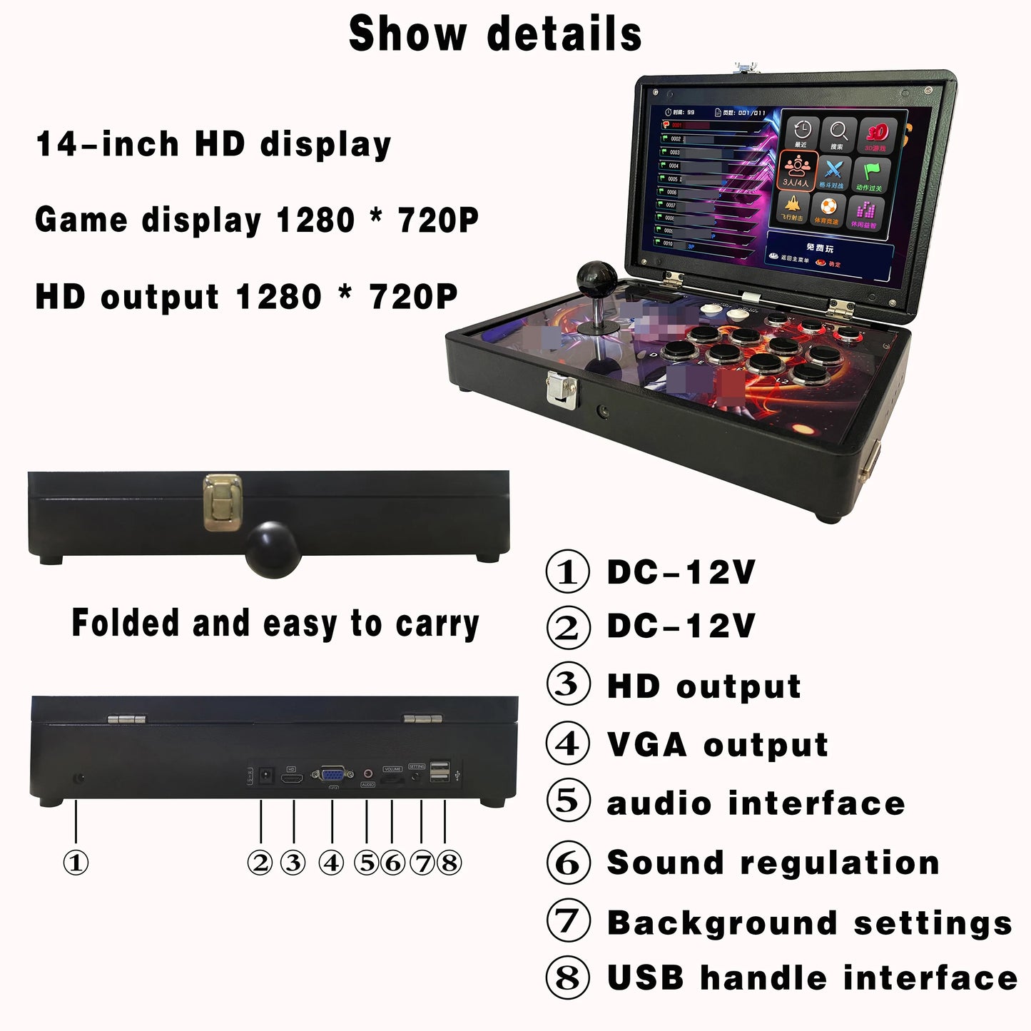 Custom 14-inch Screen Portable Folding Arcade Machine Joystick Gaming Box Arcade Machine Barton Retro Entertainment Game Machine