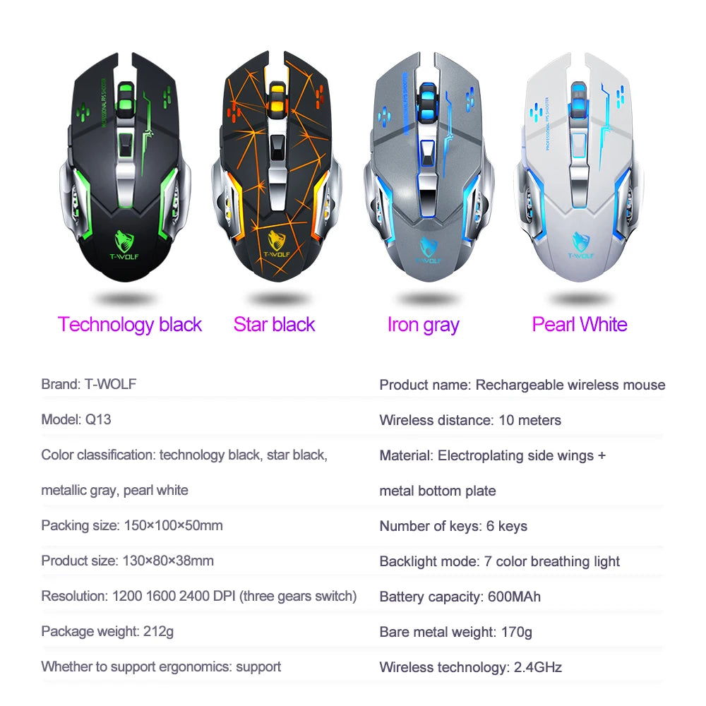 T-WOLF Q13 OEM/ODM 2.4G BT Wireless Mouse Mobile Supported Hyper Speed Wireless Rgb Backlit 6d Gaming Pc Mouse