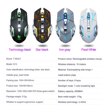 T-WOLF Q13 OEM/ODM 2.4G BT Wireless Mouse Mobile Supported Hyper Speed Wireless Rgb Backlit 6d Gaming Pc Mouse