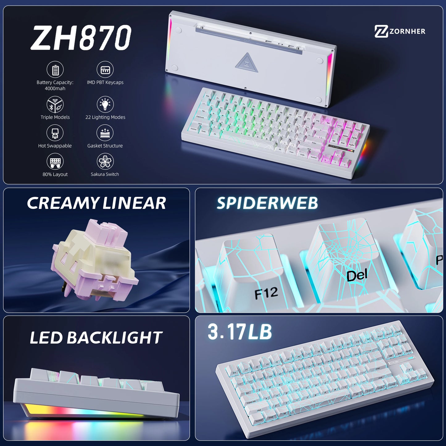 ZORNHER ZH870 White Spider Web Side-Engraved 88 Keys RGB Backlit Mechanical Tri-Mode Wireless Silent Switch USB Type-C Gaming