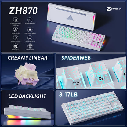 ZORNHER ZH870 White Spider Web Side-Engraved 88 Keys RGB Backlit Mechanical Tri-Mode Wireless Silent Switch USB Type-C Gaming
