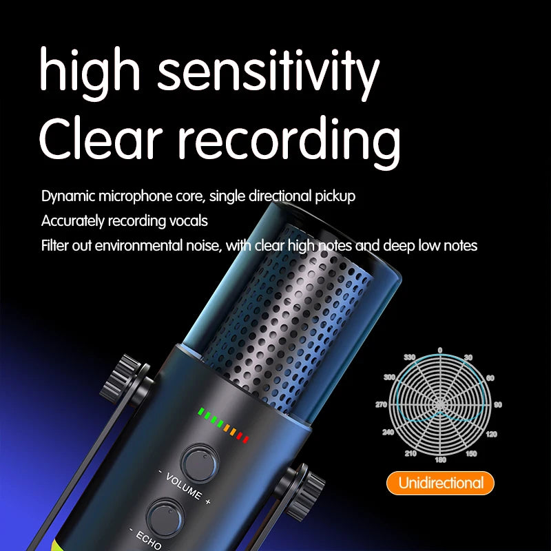 USB Plug RGB Wired Microphone Black & White Plastic Recording Studio Singing PC Gaming Streaming & Podcasting