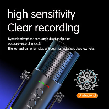 USB Plug RGB Wired Microphone Black & White Plastic Recording Studio Singing PC Gaming Streaming & Podcasting
