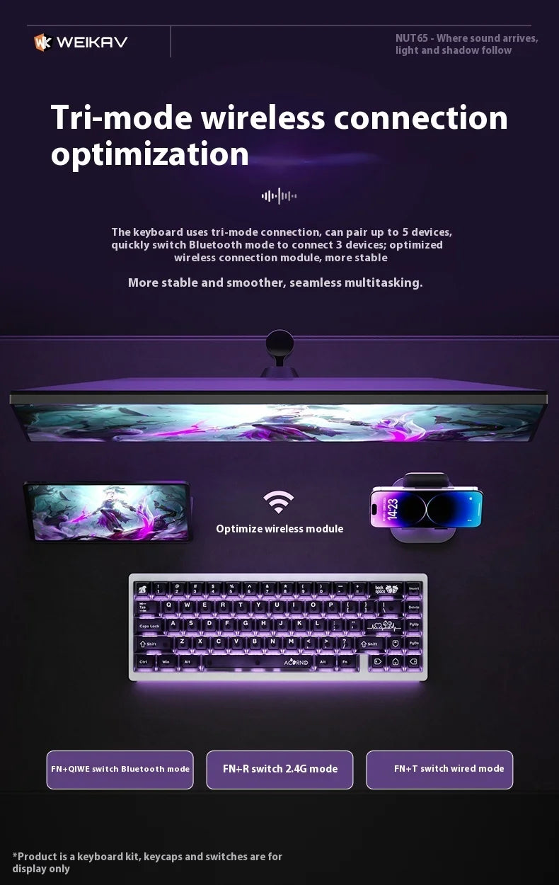 Weikav Nut65 Tri-Mode 6000mAh Mechanical Gaming Keyboard Kit QWERTY Wired/Wireless ARGB Rhythm DIY AO&EP Sound Reactive Lighting