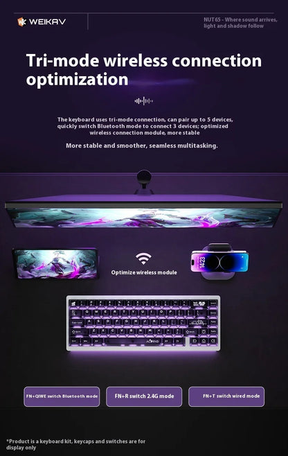 Weikav Nut65 Tri-Mode 6000mAh Mechanical Gaming Keyboard Kit QWERTY Wired/Wireless ARGB Rhythm DIY AO&EP Sound Reactive Lighting