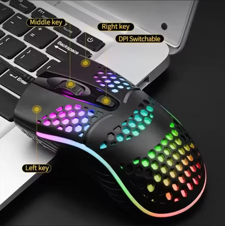 Umila Wired Gaming Mouse-Ergonomic Design with Honeycomb RGB Backlight 4D Tracking 2400DPI 1.5m USB Cable Both-Hand Orientation