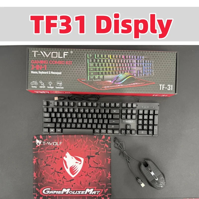 T-WOLF TF31 3IN1 Wired Gaming Keyboard and Mouse Mousepad Combo 104keys Backlit Gaming Keyboard 4D Gaming Mouse Mousepad for PC