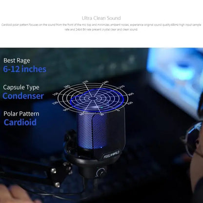 Wholesale FEELWORLD VM1 USB Condenser Gaming Microphone for Streaming Noise Cancellation Mute RGB Light Boom Arm Stand