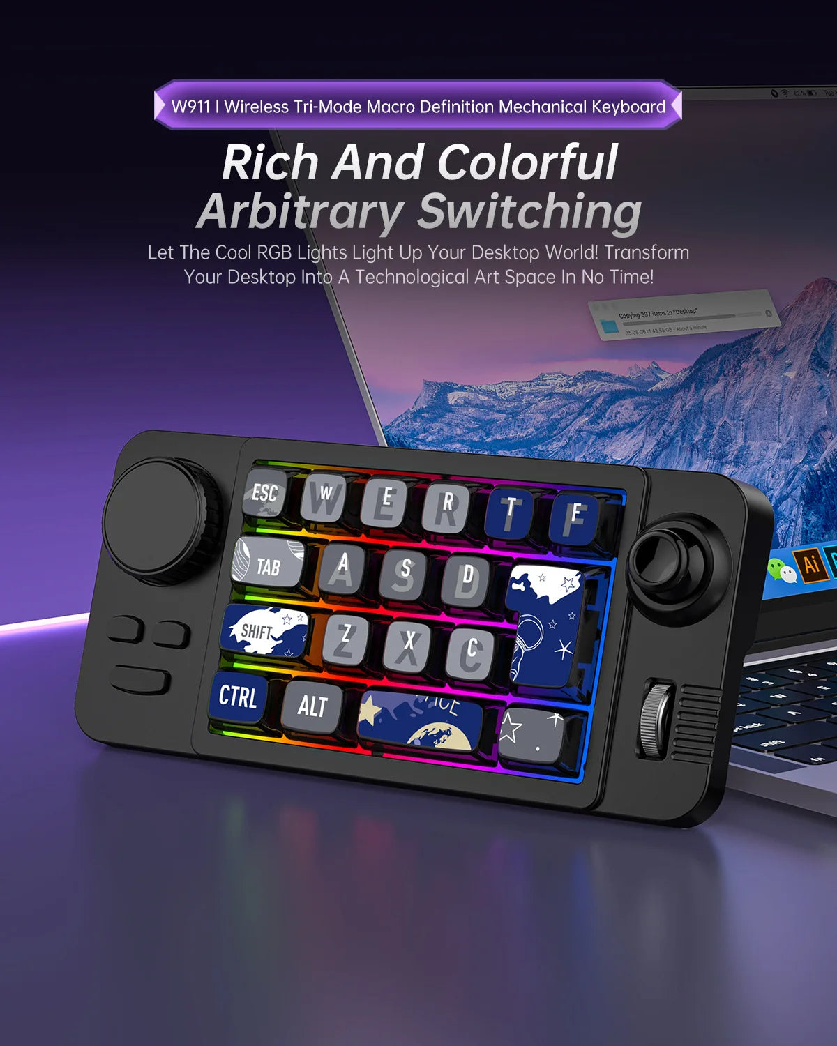 MKESPN SXS-W911 Wireless + BT + Wired Joystick Macro Definition RGB Hot-swappable Macro Definition Mechanical Gaming Keyboard