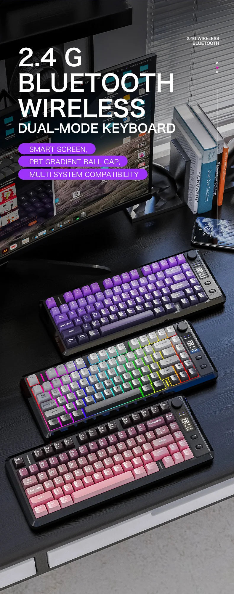 Free Wolf M75 Wireless Dual-Mode Mechanical Membrane Keyboard 87 Keys RGB Backlit Gaming E-Sports Office Use USB-C PBT