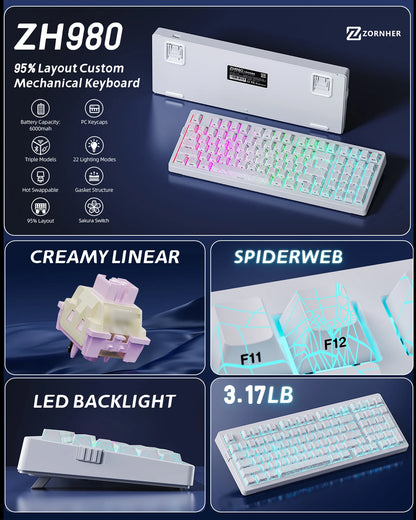 Zornher ZH980 White Spider Web Mechanical Keyboard Gateron Switches RGB Backlit Esports Gaming Tri-Mode Connectivity Customized