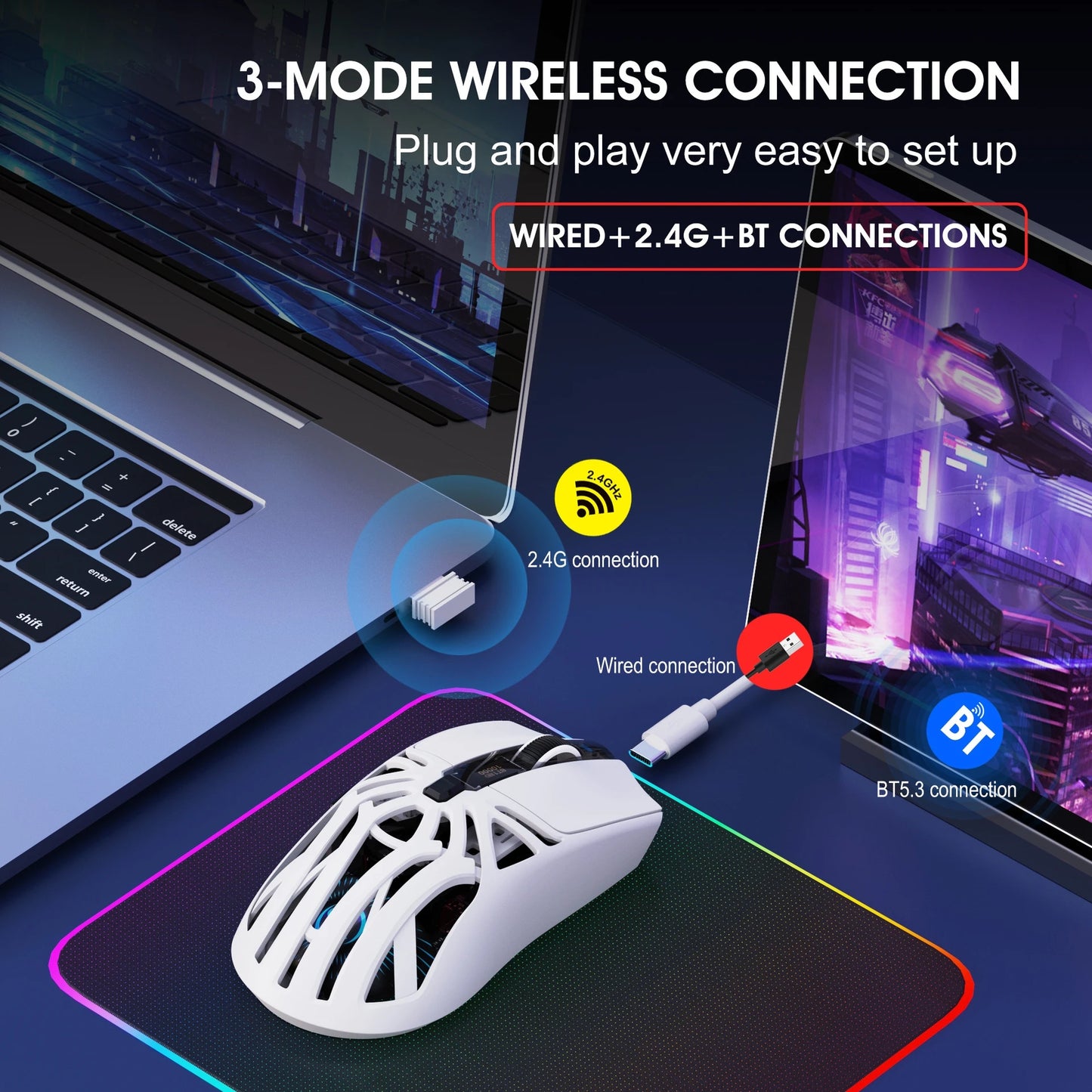 Hot 3 Mode Tri-mode Gaming Mouse Wireless Silent RGB Honeycomb Gaming Mouse Ergonomic 2.4G/BT/Wired E-sports Mice for PC