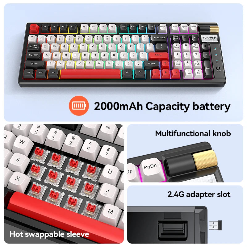 T-WOLF T70 97% Layout with Knob Keyboard 97 Key Hot-Swappable Anti-Ghosting Red Switch RGB Backlit Mechanical Pc Gaming Keyboard