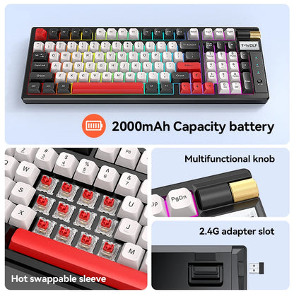 T-WOLF T70 97% Layout with Knob Keyboard 97 Key Hot-Swappable Anti-Ghosting Red Switch RGB Backlit Mechanical Pc Gaming Keyboard