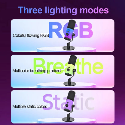 New Professional USB-C & USB-A Dynamic Cardioid Metal Gaming Microphone with RGB Lighting for Streaming Podcasting Recording