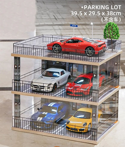 2024-11 Parking Lot 1:18 Diecast Car Model Parking Space  Solid Wood Garage Model Handmade DIY Scene Customization