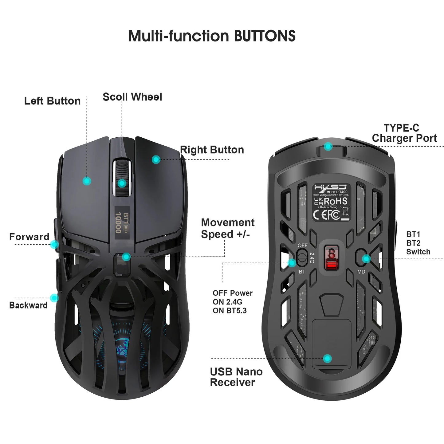 Hot 3 Mode Tri-mode Gaming Mouse Wireless Silent RGB Honeycomb Gaming Mouse Ergonomic 2.4G/BT/Wired E-sports Mice for PC
