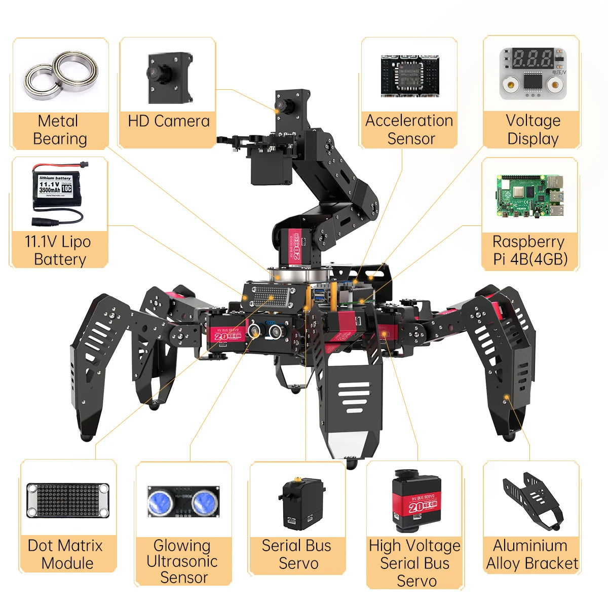 SpiderPi Pro: Hiwonder Hexapod Robot with AI Vision Robotic Arm Powered by Raspberry Pi 5