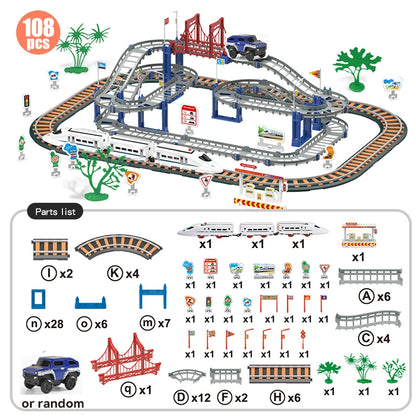 HW Train Car Sets for Toddlers Electric Toy Train Track Set with LED Bridge Electric Car and Train Sets Toys for Boys Girls Kids
