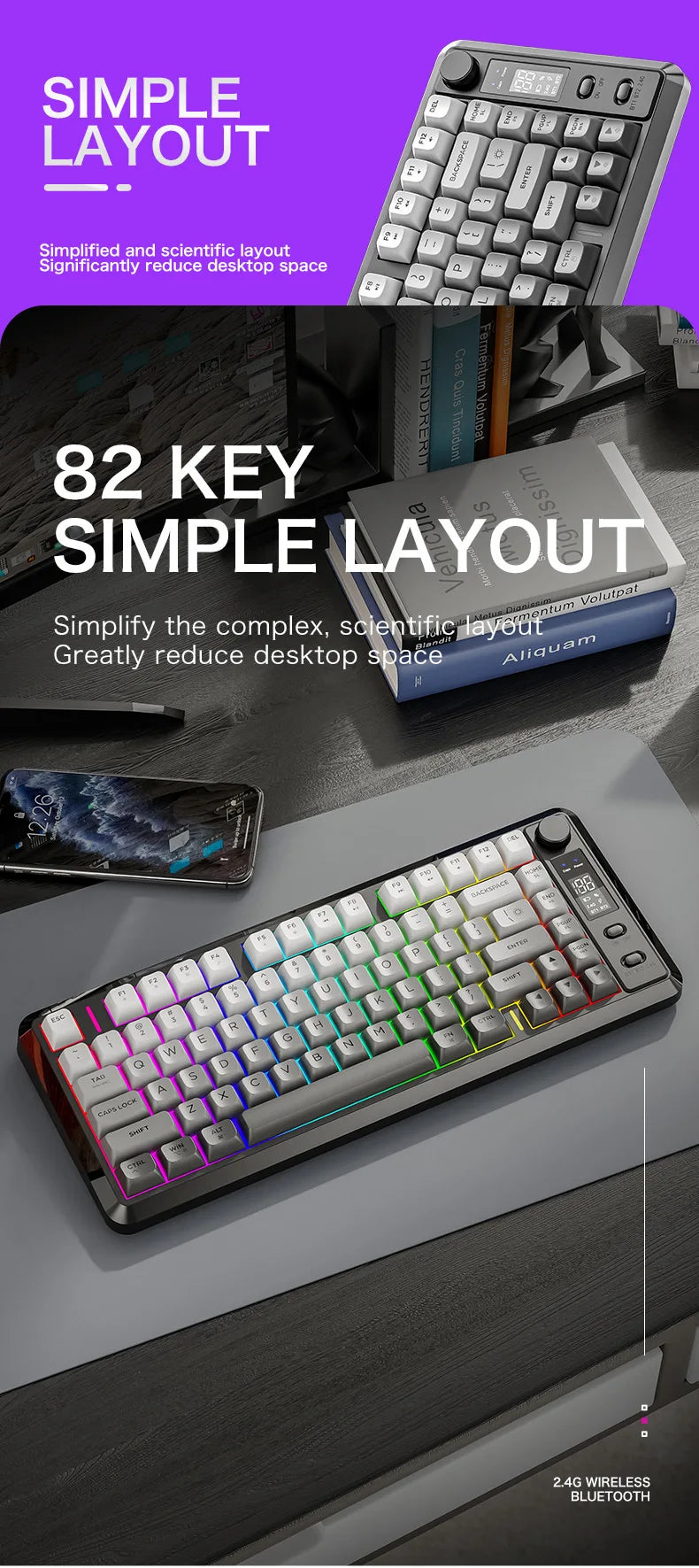 Free Wolf M75 Wireless Dual-Mode Mechanical Membrane Keyboard 87 Keys RGB Backlit Gaming E-Sports Office Use USB-C PBT