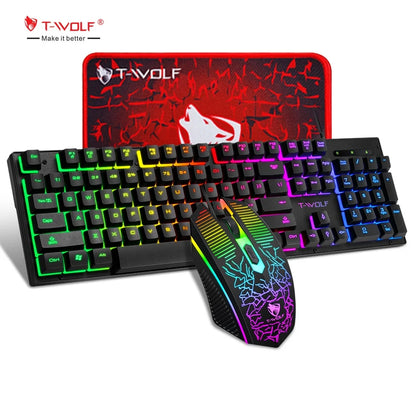 T-WOLF TF31 3IN1 Wired Gaming Keyboard and Mouse Mousepad Combo 104keys Backlit Gaming Keyboard 4D Gaming Mouse Mousepad for PC