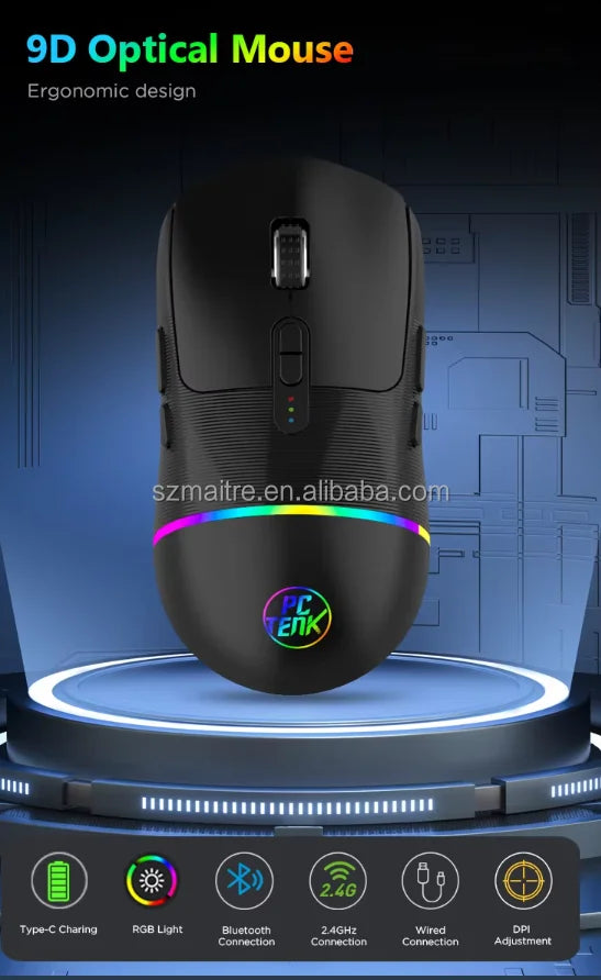New PC TANK PCTENK XM106B 2.4G+BT5.1+Wired Gaming Mouse 4800DPI RGB Rechargeable 600mAh Type-C for PC Laptop