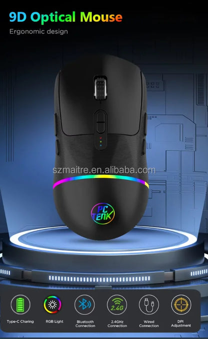 New PC TANK PCTENK XM106B 2.4G+BT5.1+Wired Gaming Mouse 4800DPI RGB Rechargeable 600mAh Type-C for PC Laptop