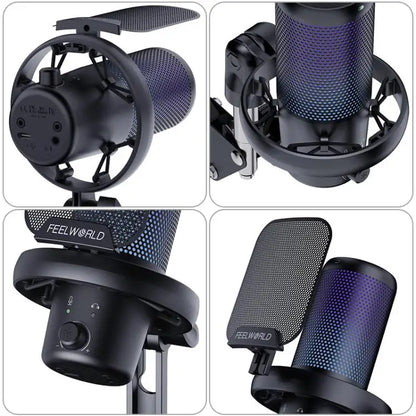 Wholesale FEELWORLD VM1 USB Condenser Gaming Microphone for Streaming Noise Cancellation Mute RGB Light Boom Arm Stand
