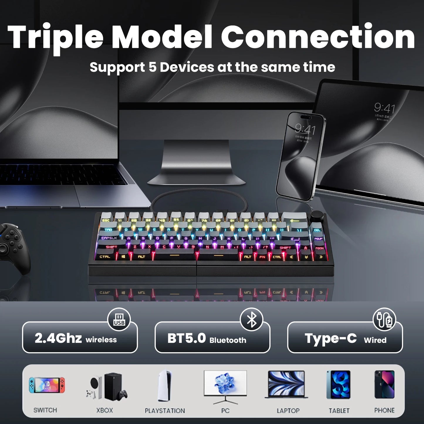 Zornher ST68 Black Polar Day Split Type Mechanical Keyboard 2.4Ghz Wireless RGB Backlit Programmable USB Type-C Interface Gaming