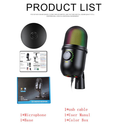 Professional Recording Studio USB Condenser Microphone with Tripod Stand for Phone PC Skype Online Gaming Vlogging
