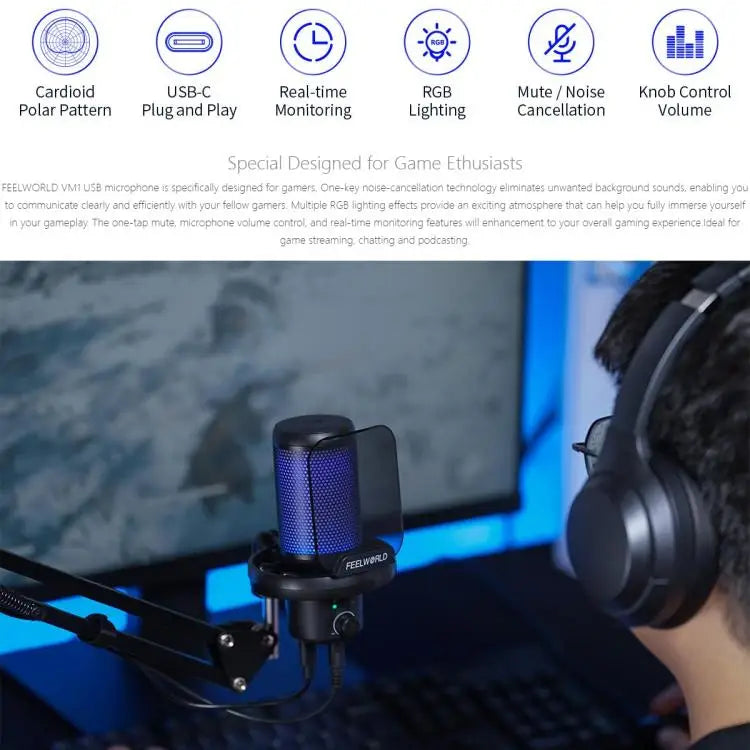 Wholesale FEELWORLD VM1 USB Condenser Gaming Microphone for Streaming Noise Cancellation Mute RGB Light Boom Arm Stand